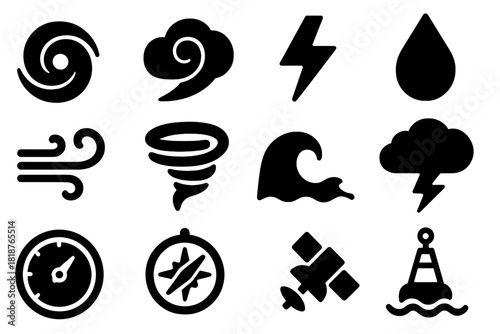 Storm Features Icons. Solid style icons of storm and hurricane features: cyclone eye, spiral cloud, lightning bolt, raindrop,