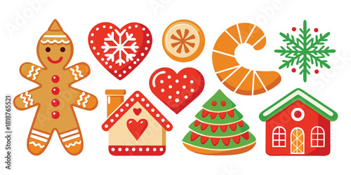 Collection of festive christmas gingerbread cookies and decorations