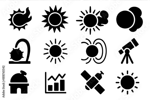 Solar Flares Icons. Solid style icons of solar flares: sun with flare, solar burst, sunspot, coronal mass ejection, plasma loop,