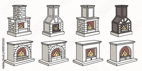 Collection of eight diverse fireplace designs with burning flames