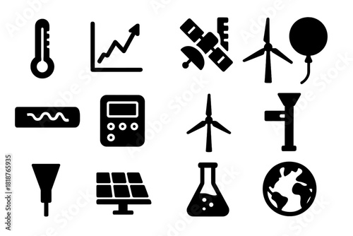 Climate Science Icons. Solid style icons of Climate Science: Thermometer, Graph Chart, Satellite, Measuring Pole, Ice Core Sample,