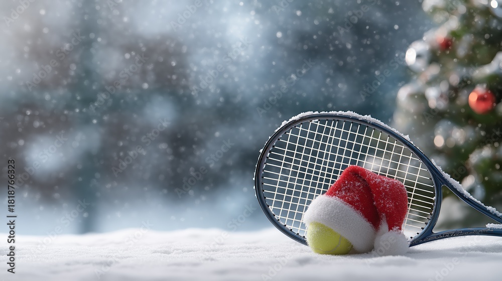 Fototapeta premium Tennis racket and ball resting in fresh snow, Santa hat on the ball, small decorated Christmas tree nearby, soft snow falling, minimalistic, cozy holiday vibe, blurred background