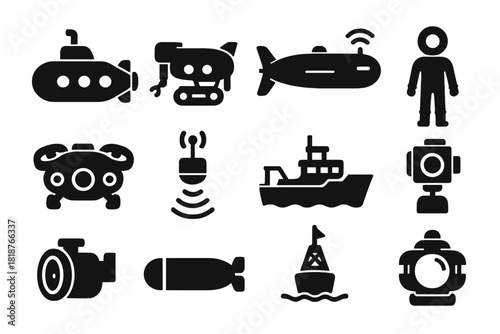 Subsea Innovation Icons. Solid style icons of Subsea Innovation: submarine, ROV, AUV, ocean probe, underwater drone, sonar sensor,