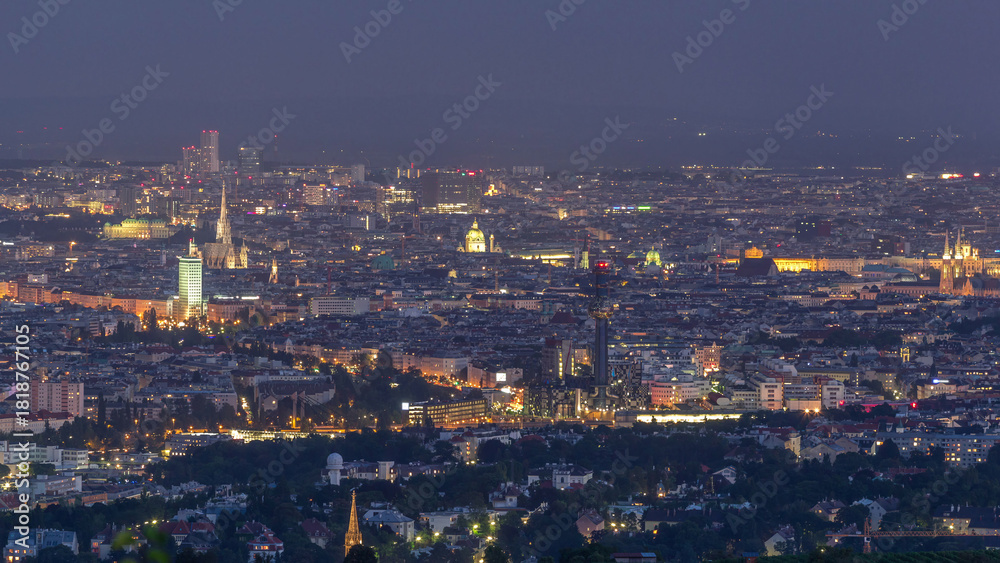 Fototapeta premium Skyline of Vienna from Danube Viewpoint Leopoldsberg aerial day to night timelapse.