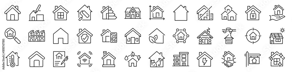Obraz premium Set of 36 outline icons related to houses. Linear icon collection. Editable stroke. Vector illustration