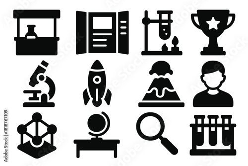 Science Fair Icons. Solid style icons of science fairs: exhibition booth, poster board, experiment setup, trophy, microscope,
