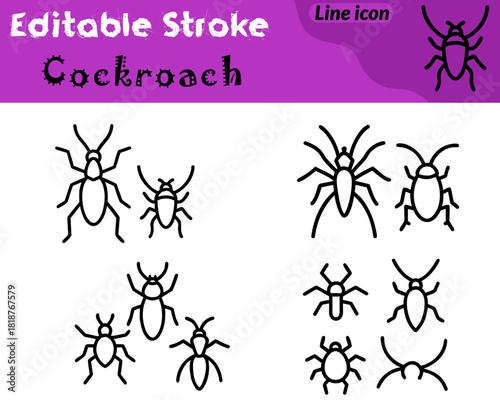 A minimal vector icon of a cockroach. Featuring an elongated oval body small head long curved antennae and six thin legs extending outward. The clean outline creates a clear insect silhouette perfect.