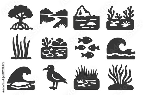 Marine Ecosystem Icons. Solid style icons of Marine Ecosystems: mangrove tree, estuary, polar sea, coral reef, seagrass, tidal