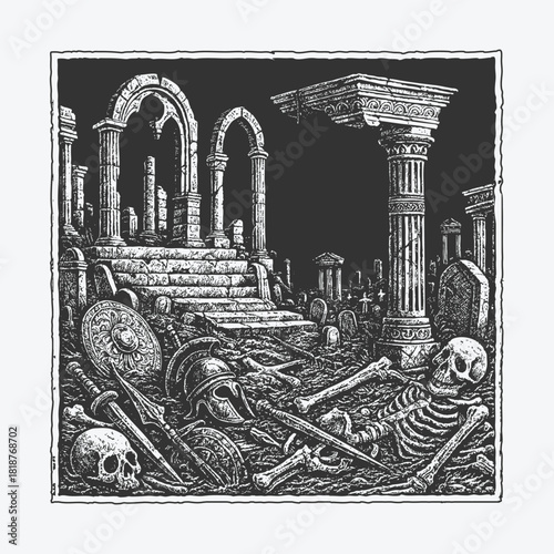 Hand Drawn Dark Greek Empire Ruins With Fallen Death Army Skeletons
