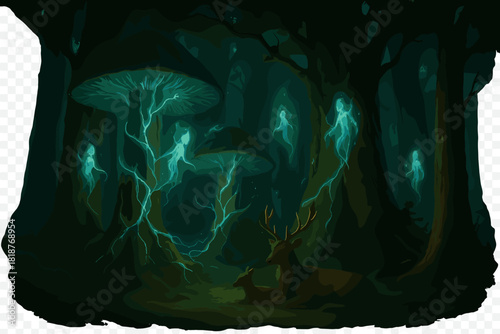 Mystical Forest Harmony. Ancient forest with towering mushrooms sharing energy with trees, glowing spirits, and deer resting
