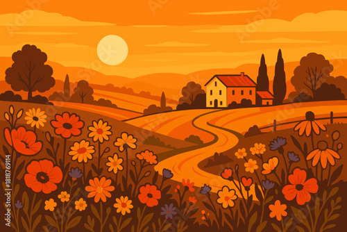 Golden Hour Countryside. Golden hour countryside scene with glowing orange and red tones, vibrant wildflowers in the vector