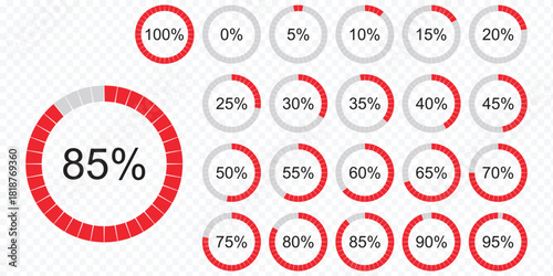 Infographic circle with percentage 0 to 100 loading progress interface vector design. 5 10 15 20 25 30 35 40 45 50 55 60 65 70 75 80 85 90 95 percent infographic flat elements collection pictogram eps