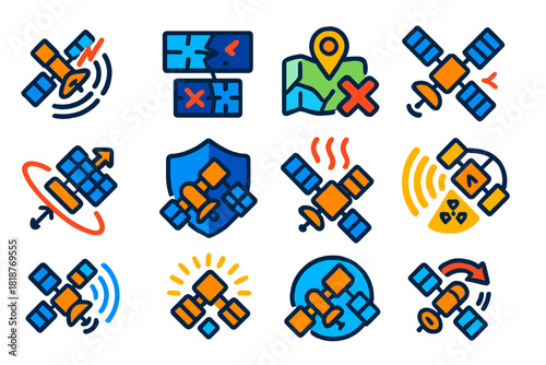 Satellite Impact Icons. Flat vector icons of satellite impacts: satellite with signal disruption, solar panel glitch, GPS error