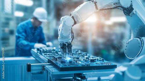 Industrial robot arm assembling electronic circuit board in modern factory