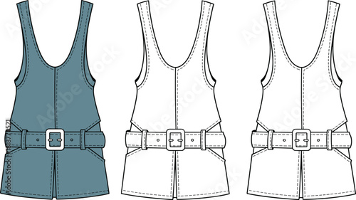 Sleeveless belted dress fashion sketch, front and back view, teal color, CAD drawing flat vector illustration, sewing pattern design