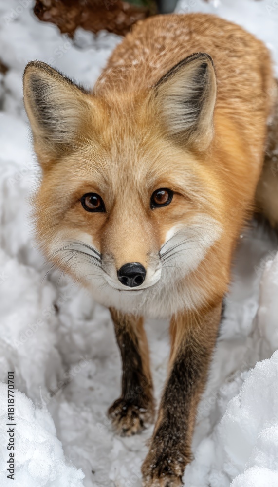 Naklejka premium Stunning Red Fox in the Snowy Wilderness A Close-Up Encounter with Nature s Elegant Predator