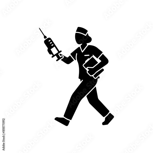 Black silhouette of a nurse in fast motion holding a syringe and clipboard. Ideal for healthcare and rapid treatment themes