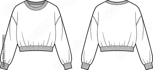 Cropped sweatshirt fashion sketch front and back view, ribbed cuffs and hem, CAD drawing flat vector illustration, sewing pattern