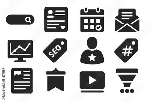 Online Marketing Icons. Solid style icons of Online Marketing Tools: search bar, social media feed, content plan, email newsletter