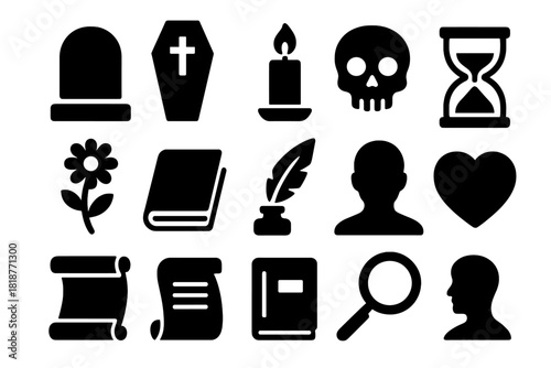 Thanatology Icons Collection. Solid style icons of thanatology and death studies: tombstone, coffin, candle, skull, hourglass,