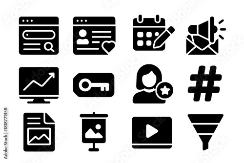 Content Marketing Icons. Solid style icons of Content Marketing: search results, social feed, content plan, email campaign,