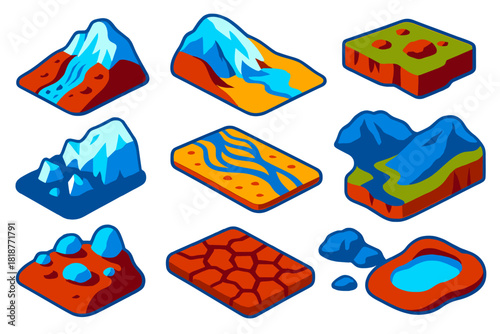 Glacial Retreat Icons. Isometric vector illustration set Glacial Retreat: terminal moraine hill, meltwater flow, retreating