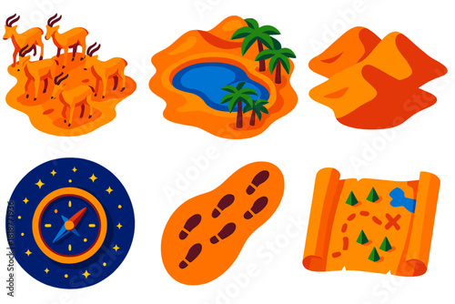 Desert Nomad Icons. Isometric vector illustration set Desert Migration: nomadic antelope herd, oasis waterhole, sand dunes, starry