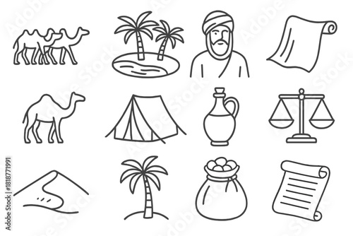 Silk Road Icons. Line style icons of Silk Road: Caravan, Oasis, Trader, Silk Cloth; Camel, Tent, Water Jar, Scales; Sand Dune,