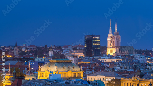 Zagreb cathedral and modern skyscraper with a old city panorama day to night timelapse