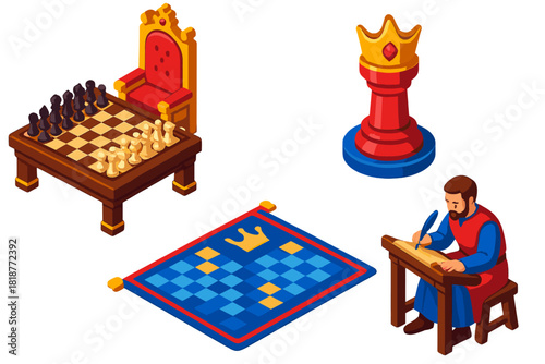 Royal Chess Battle. Isometric vector illustration set Game of Kings: Elaborate throne-side board, royal seal on piece, ceremonial