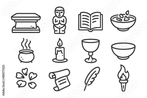 Arcane Ceremony Icons. Line style icons of Arcane Ceremonies: Altar Stone, Ancient Figurine, Obscure Tale, Devotional Offerings;
