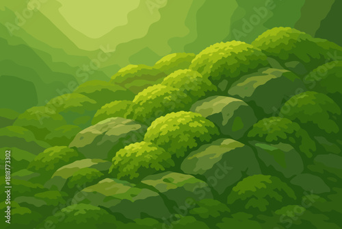 Moss-Covered Rocks. Fresh green moss covering a rocky surface under soft sunlight, vibrant natural tones, tranquil and earthy,