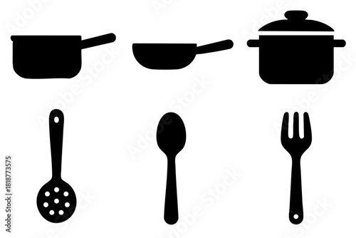 Different cooking utensils silhouette icons set, simple design. Vector stock illustration