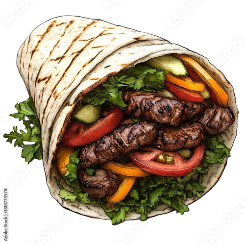Delicious wrap with kebab meat and vegetables