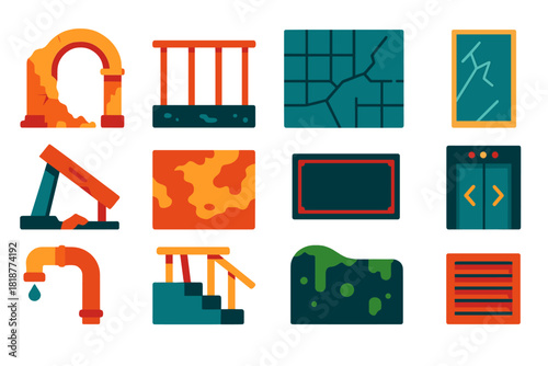 Decayed Sanatorium Icons. Flat vector icons of Decayed Sanatorium Architecture: crumbling arch, rusted railing, cracked tile floor