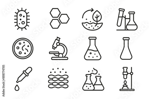 Microbiology Icons. Line style icons of Environmental Microbiology: Bacterium, Polymer Chain, Biodegradation, Pollution Solution;