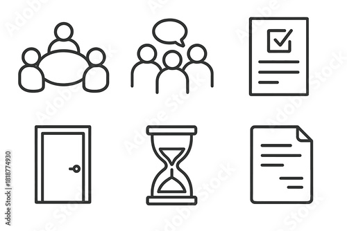Jury Deliberation Icons. Line style icons of Jury Deliberation: round table, jurors in discussion, voting slip, closed door,