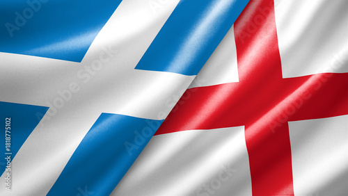 Scotland and England two national flags filling the entire frame, close-up view, edge-to-edge composition