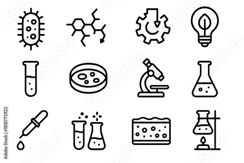 Bioengineering Icons Collection. Line style icons of Bioengineering: Bacterium, Polymer Molecule, Breakdown Process, Eco Solution;