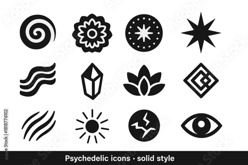 Psychedelic Icons Collection. Solid style icons of Psychedelic symbols: spiral vortex, glowing mandala, fractal circle, radiant