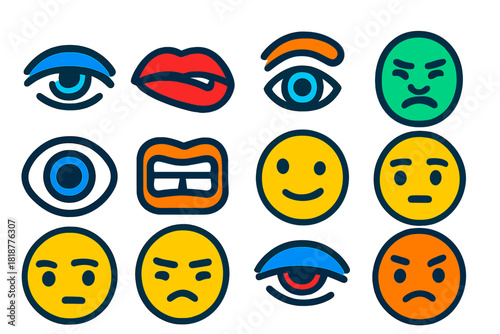 Minimalist Facial Icons. Flat vector icons of involuntary facial cues: twitching eyelid, lip bite, eyebrow flick, nose wrinkle,