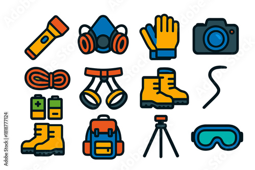Urbex Gear Icons. Flat vector icons of Urbex Gear: flashlight, respirator mask, gloves, rope, climbing harness, camera, batteries,