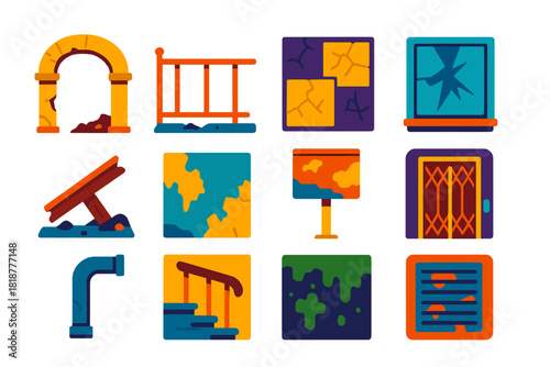 Decayed Sanatorium Icons. Flat vector icons of Decayed Sanatorium Architecture: crumbling arch, rusted railing, cracked tile floor