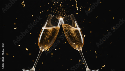 Two champagne glasses toasting with splash and golden confetti on black background. Celebration concept for New Year Eve or Christmas party. Luxury sparkling wine cheers