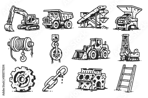 Heavy Machinery Icons. Line style icons of heavy machinery ruins: excavator, dump truck, conveyor belt, crusher; winch, pulley,