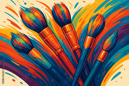 Vibrant Paintbrushes. Artistic close-up of vibrant paintbrushes covered in colorful strokes, dynamic and creative energy, perfect