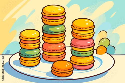 Colorful Macaron Towers. Playful shot of colorful macaron towers arranged on a clean white plate, illuminated by soft natural