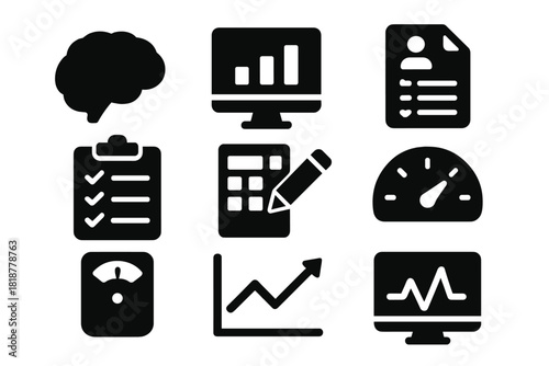 Psychological Assessment Icons. Solid style icons of psychological assessment: brain icon, chart, questionnaire, checklist, data