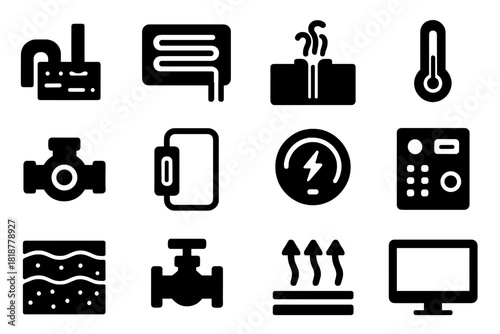 Geothermal Icons Collection. Solid style icons of geothermal systems: underground pipe, heat exchanger, geothermal well,