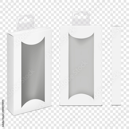 White cut out window paper box with tuck-in flap, euro hole clear plastic tab. 3d mock-up. Front, side view. Hanging narrow paperboard container. Realistic vector mockup. Carton package. Template